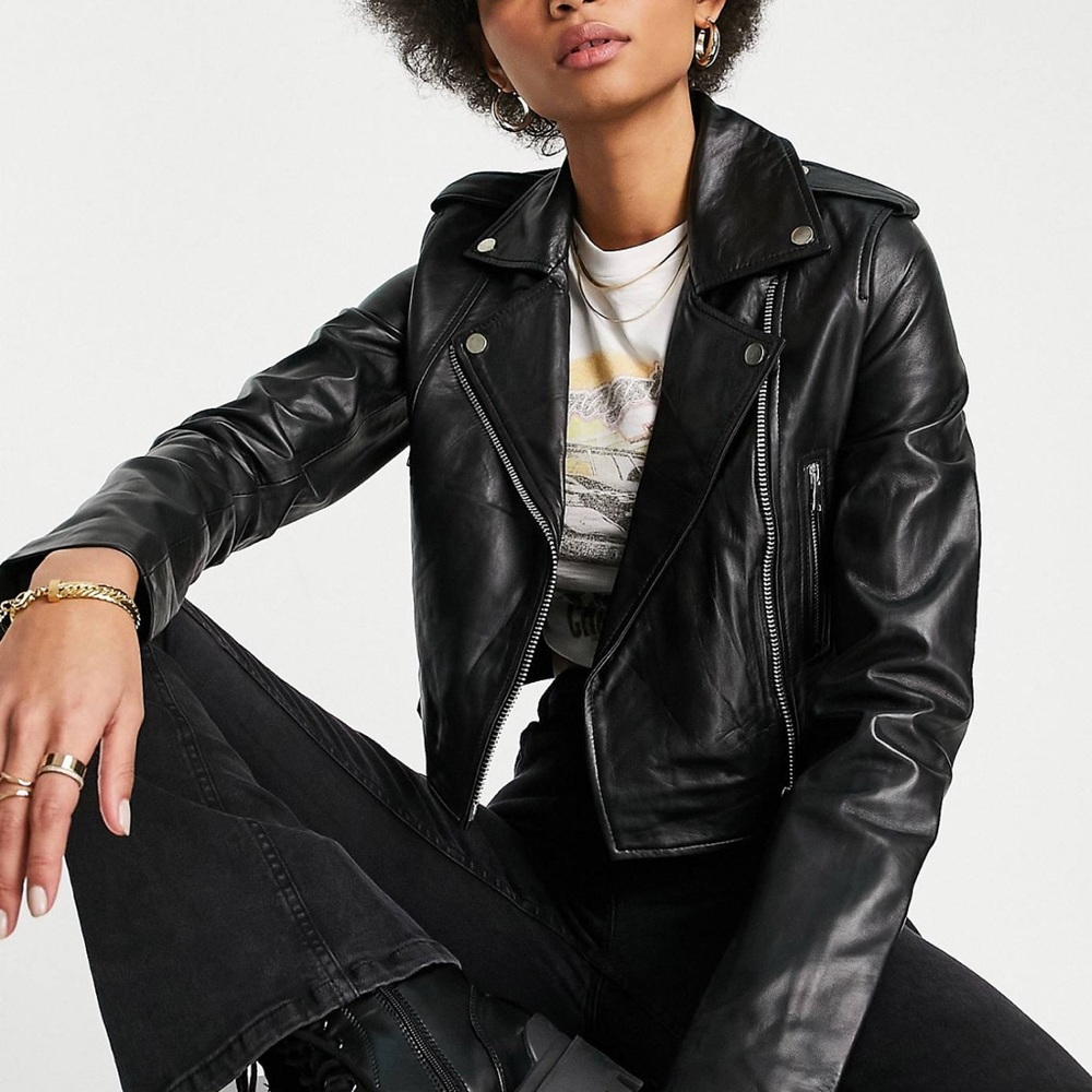 Barney’s Originals • Ellie Real Leather Cropped Biker Jacket (tall)